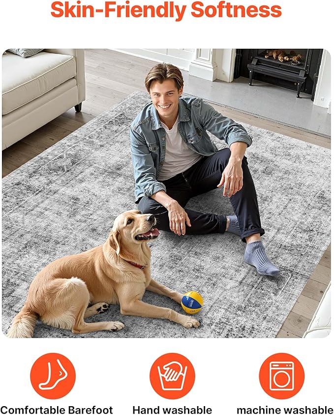 VEVOR 9 x 12 ft Area Rug Large Washable Boho Rug Non-Slip and Tear-Resistant Soft Carpet Pet & Child Friendly Bohemian Area Rugs Indoor Mat for Bedroom Living Room Kids Room Office Gray