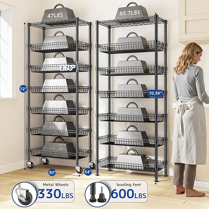 7 Tier Wire Shelving with Wheels 72" H Adjustable Basket Shelf Storage Shelves with Hooks for Kitchen Bathroom Pantry Shelves Closet Laundry Room Organization 72" H x 30" W x 14" D, Black