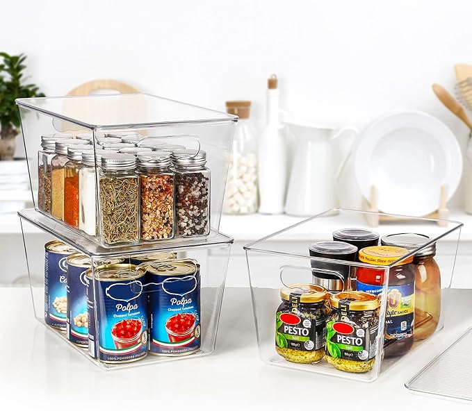 Vtopmart 2 Pack Clear Stackable Storage Bins with Lids, Large Plastic Containers with Handle for Pantry Organizer and Storage,Perfect for Bathroom,Cabinet,Kitchen,Fridge,Closet Organization