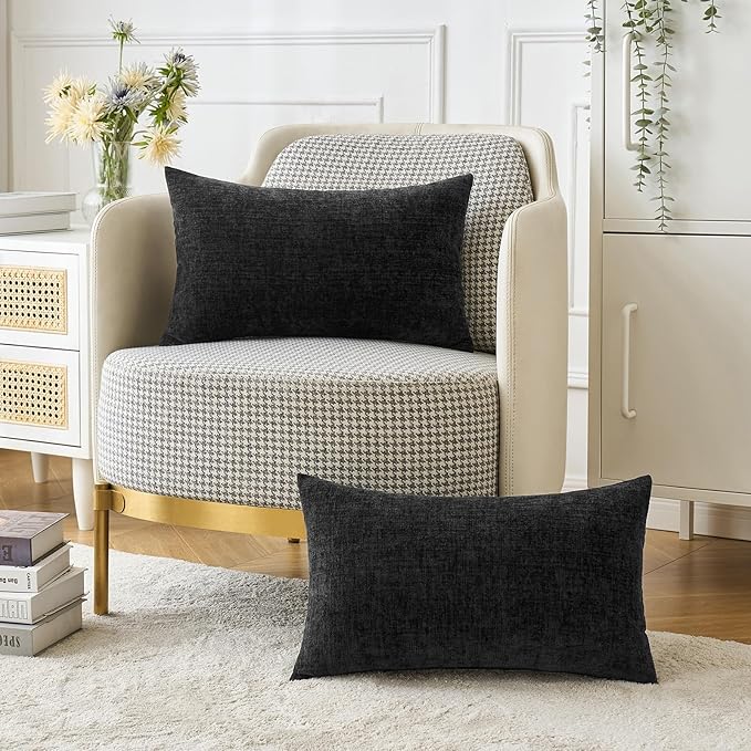 MIULEE Halloween Pack of 2 Couch Throw Pillow Covers 12x20 Inch Soft Black Chenille Pillow Covers for Sofa Living Room Solid Dyed Pillow Cases