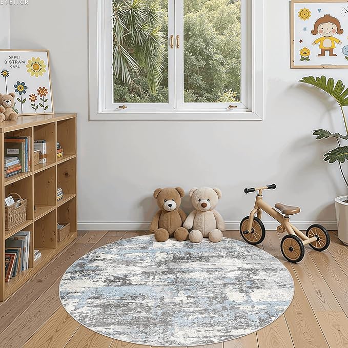 4ft Round Area Rugs for Living Room: 4x4 Abstract Washable Rug Modern Large Soft Stain Resistant Non-Slip Backing Machine Table for Bedroom Dining Room Indoor Home Office Carpet - Blue Grey