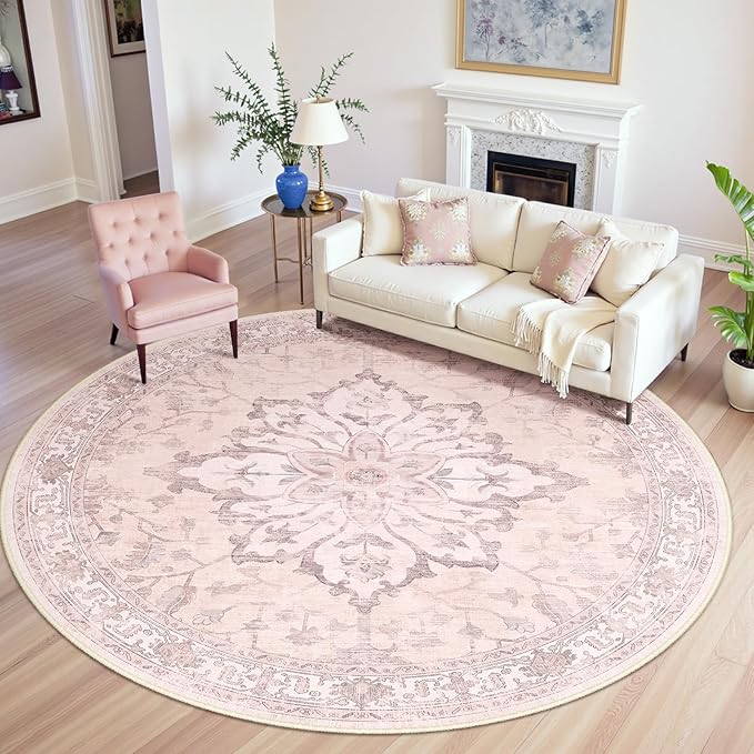 RELEANY Area Rugs 8ft Washable Non-Slip, Floral Vintage Distress Print Pattern Medallion Carpet for Living Room Bedroom Dining Room, Pink Greypink Cute