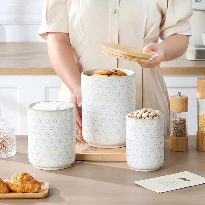 MALACASA LYDIA Ceramic Canisters Set with Airtight Lids, 80/40/20 oz Coffee Canisters Sets for the Kitchen, Large Jars for Flour, Sugar, Pasta, Coffee, Cookies, Tea - Set of 3, Five-Leaf Grass