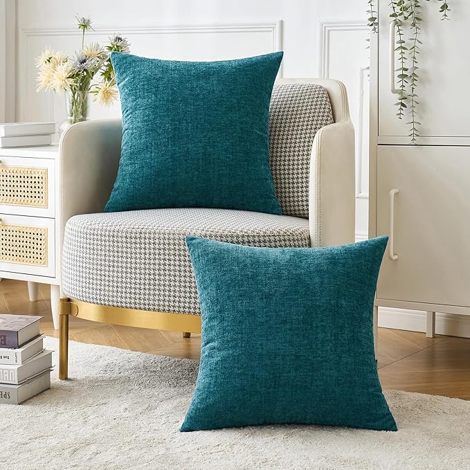 MIULEE Pack of 2 Dark Teal Throw Pillow Covers 20x20 Inch Soft Chenille Pillow Covers for Sofa Living Room Couch Solid Dyed Cases