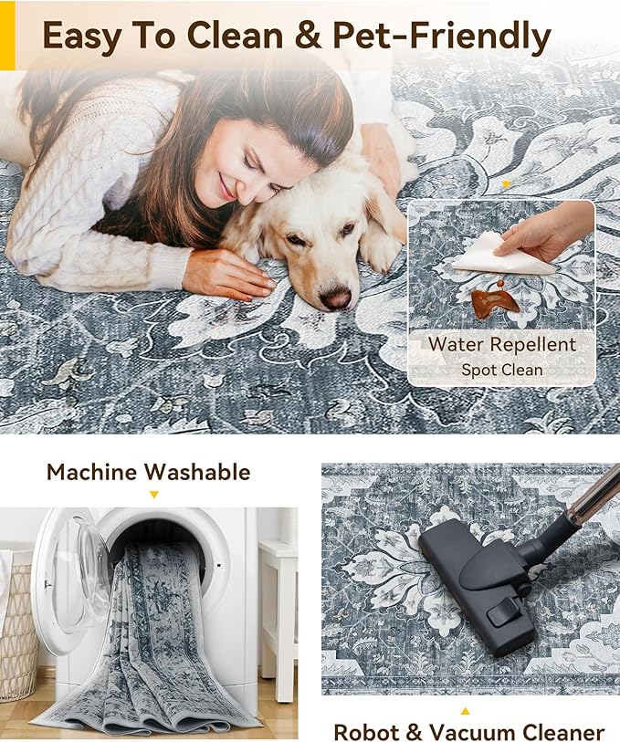 RELEANY Area Rugs 4'x6' Washable Non-Slip, Floral Vintage Distress Print Pattern Medallion Carpet for Living Room Bedroom Dining Room, Light Gray Grey White