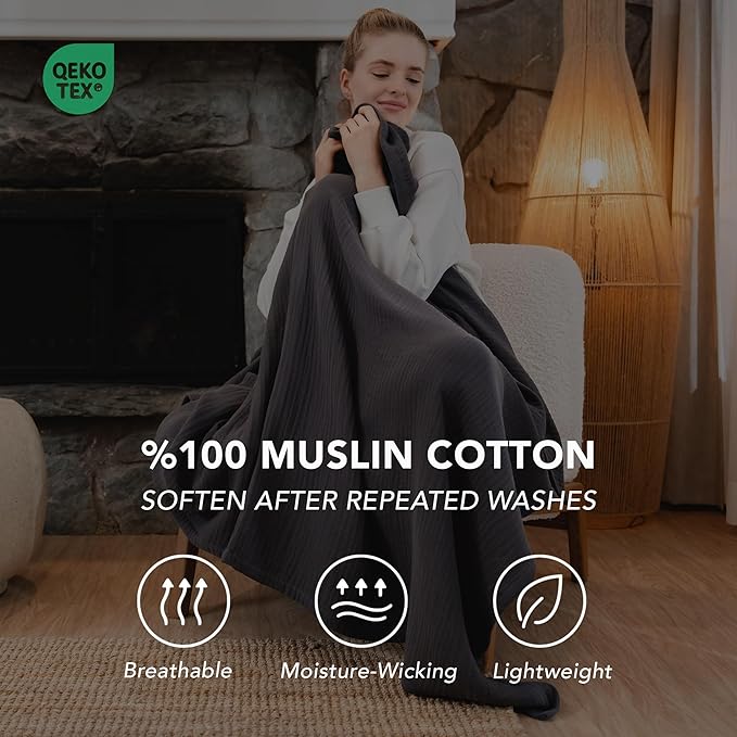 Goqan Muslin Blanket Twin 55x79 – 100% Turkish Cotton 4 Layer Boho Muslin Blanket for Adults, Four Season, Lightweight and Thin, Soft, Breathable - Dark Grey