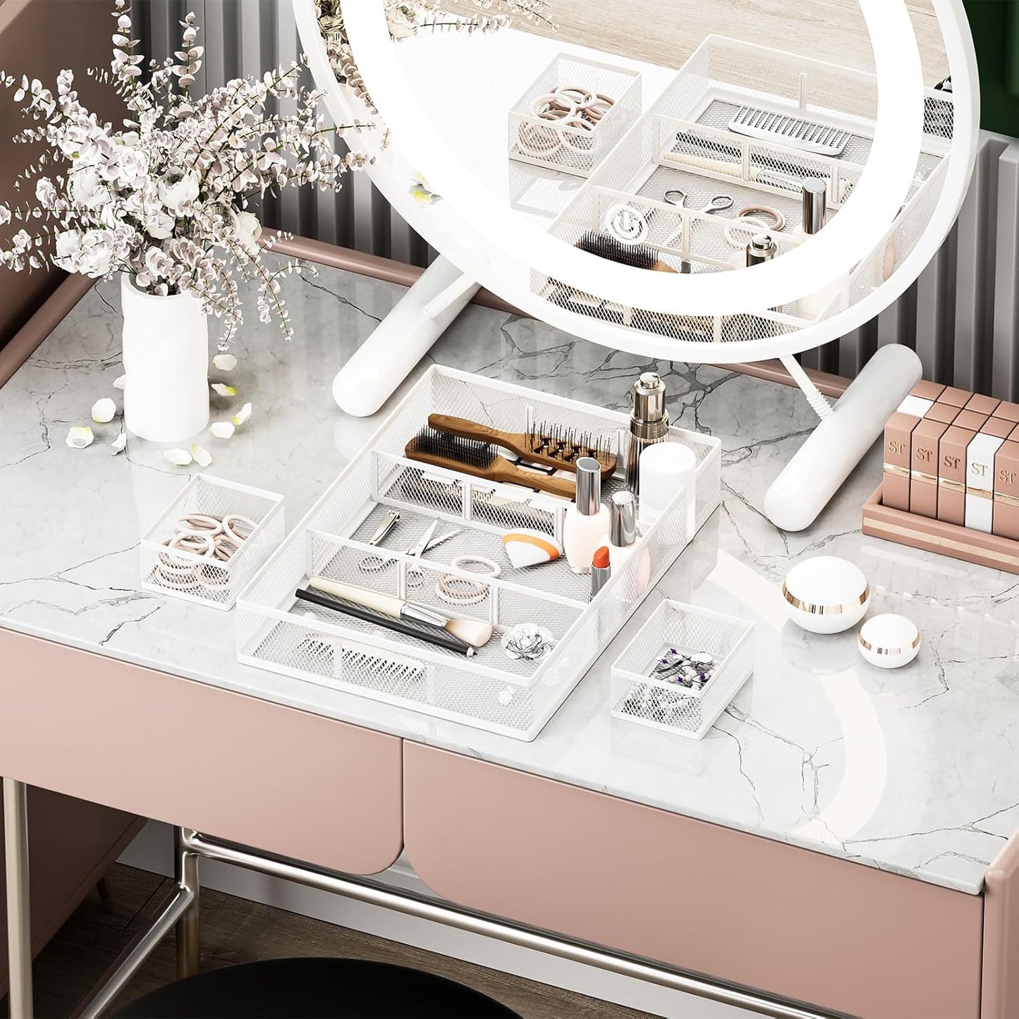 Marbrasse 3 Packs White Desk Drawer Organizers,Drawer Organizer Tray with 9 Adjustable Compartments,Junk Drawer for Makeup & Vanity, Office Desk Supplies and Accessories（White）