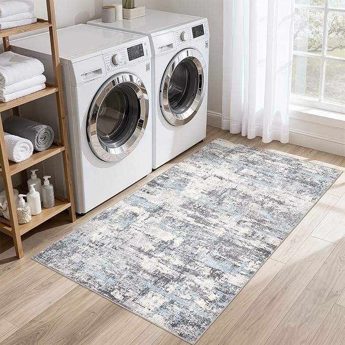 Hallway Washable Runner Rug: 3x5 Abstract Modern Soft Stain Resistant Non-Slip Backing Runner for for Entryway Kitchen Laundry Living Bathroom - Blue Grey