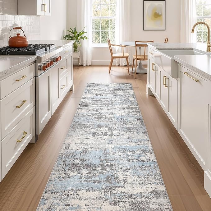 Hallway Washable Runner Rug: 3x10 Abstract Modern Soft Stain Resistant Non-Slip Backing Runner for for Entryway Kitchen Laundry - Blue Grey