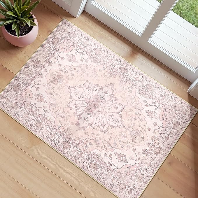 RELEANY Area Rugs 2'x3' Kitchen Rugs Entry Rug Small Rugs for Entryway Kitchen Bathroom Door Mat Indoor Entrance,Washable Non Slip, Pink Greypink Cute