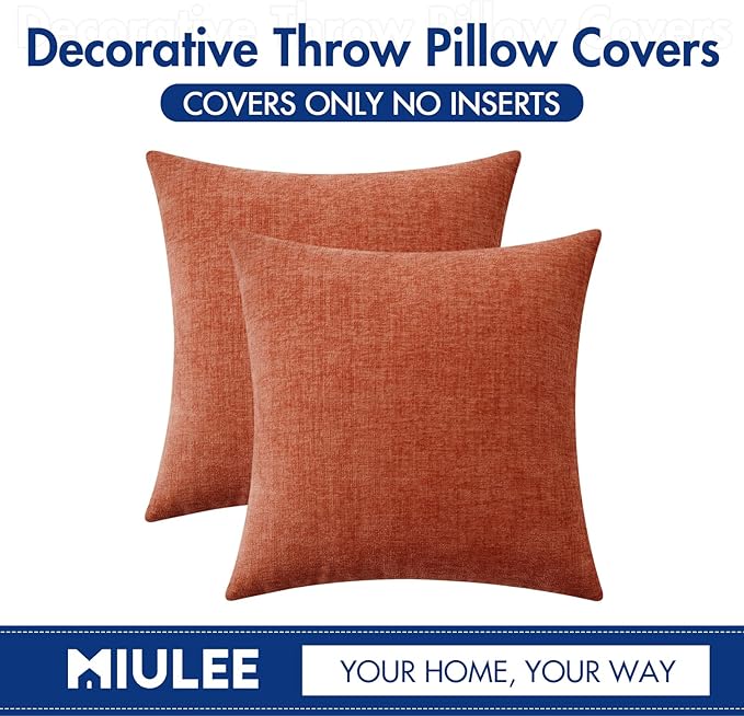 MIULEE Pack of 2 Couch Throw Pillow Covers 18x18 Inch Soft Burnt Orange Chenille Pillow Covers for Sofa Living Room Solid Dyed Pillow Cases