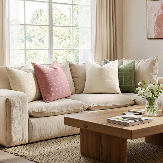 MIULEE Valentines Decorative Chenille Throw Pillow Covers Vintage Plaid Couch Pillows 20x20 Inch Set of 2 Boho Farmhouse Cushion Covers Modern Spring Home Decor for Sofa Bed Living Room Blush Pink