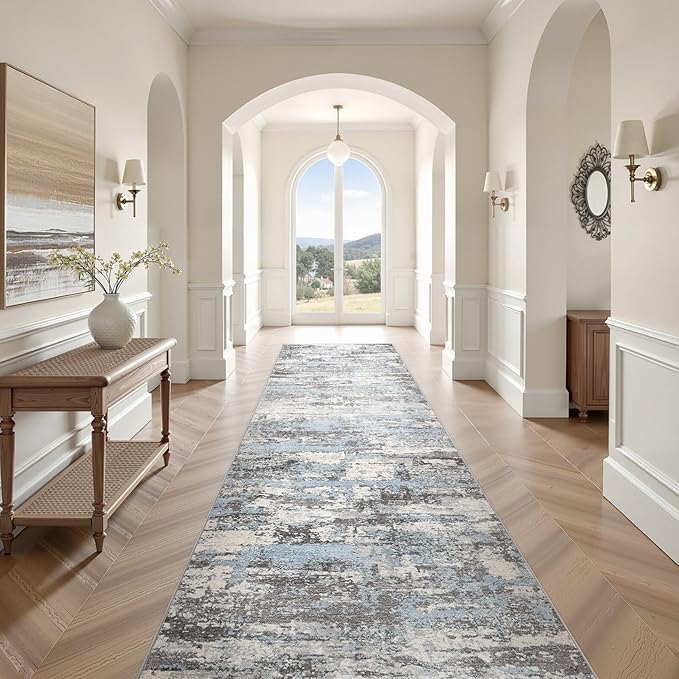Hallway Washable Runner Rug: 3x10 Abstract Modern Soft Stain Resistant Non-Slip Backing Runner for for Entryway Kitchen Laundry - Blue Grey