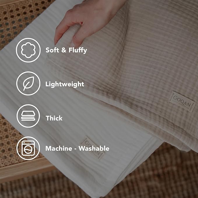 Goqan Muslin Blanket King Size 90x108 – 100% Turkish Cotton 4 Layer Boho Muslin Blanket for Adults, Four Season, Lightweight and Thin, Soft, Breathable for Bed, Couch - Beige