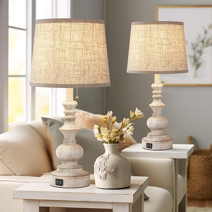 Drawealth Table Lamps for Bedrooms Set of 2 Farmhouse Bedside Lamps for Nightstand with USB Charging Ports Traditional Side Table Lamps for Living Room Wooden Finish, Pull Chain, Bulbs Not Included