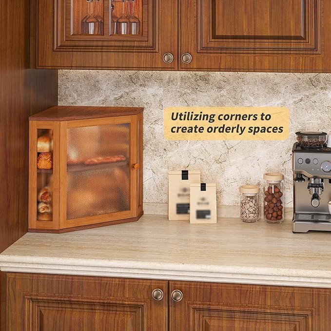 Corner Bread Box for Kitchen Countertop,Bread Storage for Homemade Bread, Double Layer Large Bamboo Kitchen Storage Bin with Window (Brown, Medium)