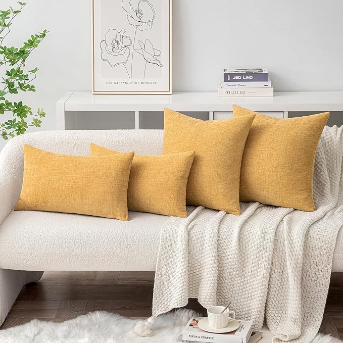 MIULEE Pack of 2 Couch Throw Pillow Covers 12x20 Inch Soft Beige Yellow Chenille Pillow Covers for Sofa Living Room Spring Home Decor Couch Solid Dyed Cases