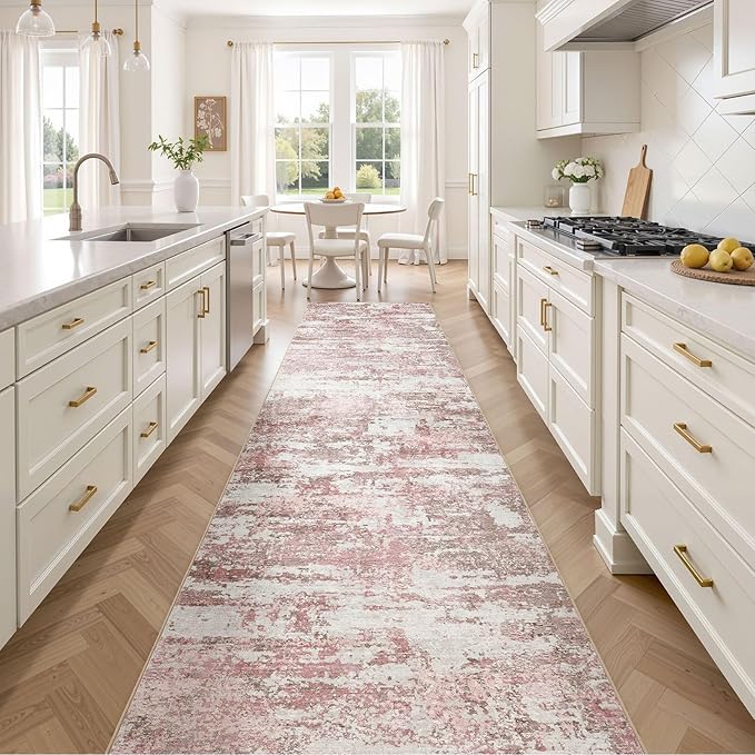 Area Rugs for Living Room: 3x14 Abstract Washable Rug Modern Neutral Large Soft Stain Resistant Non-Slip Backing Machine Table for Bedroom Dining Room Indoor Home Office Carpet - Pink