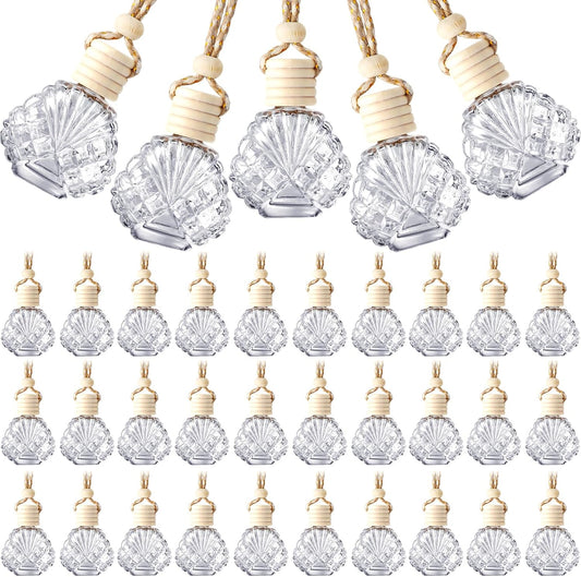 BBTO 50 Pcs Hanging Car Air Freshener Car Diffuser Bottles Empty Glass Perfume Bottle Freshener Diffuser Bottle Pendant for Essential Oil Fragrance Aromatherapy Bottle Ornament(Shell)