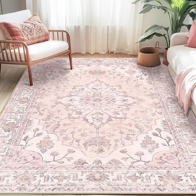 RELEANY Area Rugs 5'x7' Washable Non-Slip, Floral Vintage Distress Print Pattern Medallion Carpet for Living Room Bedroom Dining Room, Pink Greypink Cute