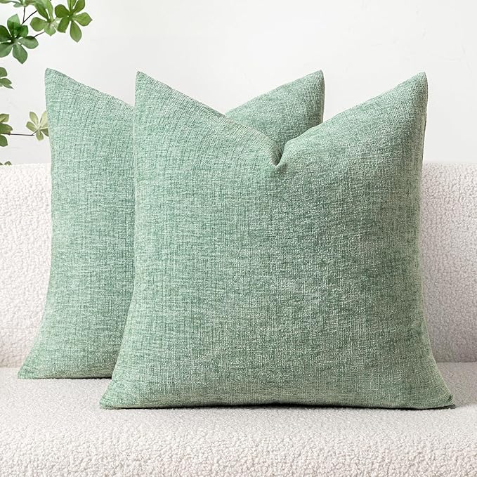 MIULEE Pack of 2 Couch Throw Pillow Covers 18x18 Inch Soft Greyish Green Chenille Pillow Covers for Sofa Living Room Solid Dyed Pillow Cases
