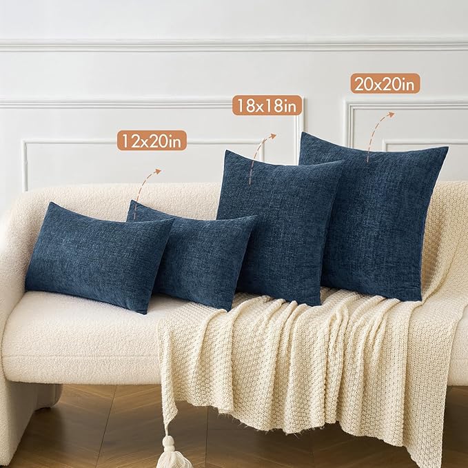 MIULEE Pack of 2 Blue Throw Pillow Covers 12x20 Inch Soft Chenille Pillow Covers for Sofa Living Room Couch Solid Dyed Cases