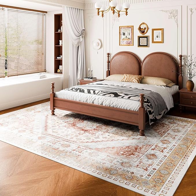 VEVOR 9 x 12 ft Area Rug Large Washable Rug Non-Slip and Tear-Resistant Soft Carpet Pet & Child Friendly Vintage Area Rugs Indoor Mat for Bedroom Living Room Kids Room Office Brown Red