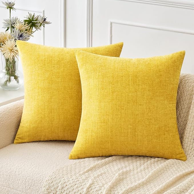 MIULEE Pack of 2 Couch Throw Pillow Covers 18x18 Inch Soft Yellow Chenille Pillow Covers for Sofa Living Room Spring Home Decor Couch Solid Dyed Cases