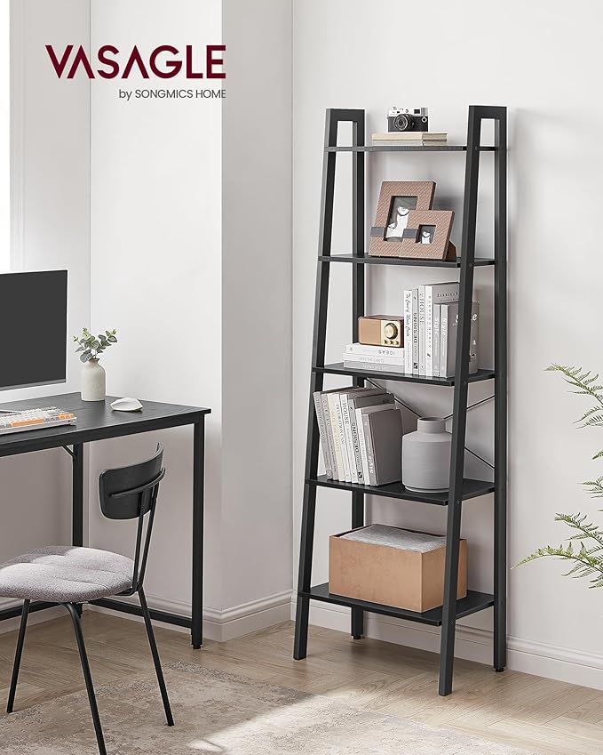 VASAGLE Ladder Shelf, 5-Tier Bookshelf, Storage Rack, Bookcase with Steel Frame, for Living Room, Home Office, Kitchen, Bedroom, Industrial Style, Ebony Black and Ink Black ULLS045B56