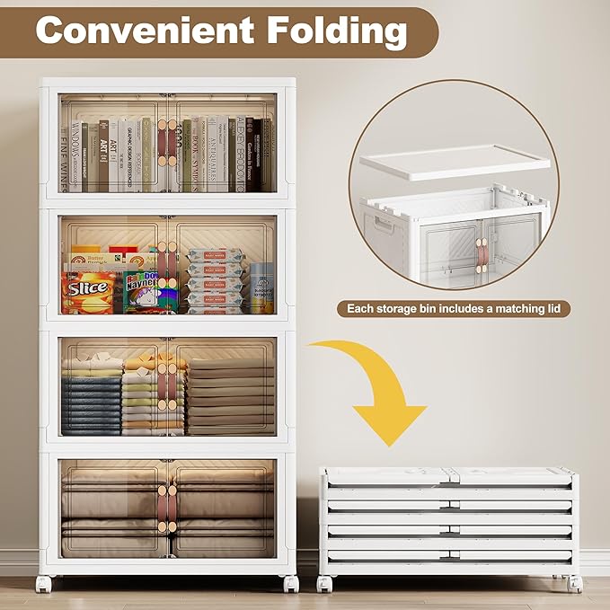 SAILUN 220QT/55Gal Stackable Storage Bins with Lid, Collapsible Storage Bins With Doors and Wheels, Folding Plastic Cabinet Containers for Home Kitchen Closet Organization, 4 Pack