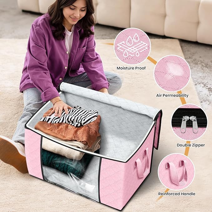 Fab totes 24 Gallons Clothes Storage, Foldable Thick Fabric Blanket Storage Bags, Containers for Organizing Bedroom, Closet, Clothing, Comforter, Organization with Handle (8 Pack,Pink)