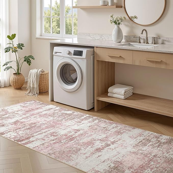 Area Rugs for Living Room: 3x14 Abstract Washable Rug Modern Neutral Large Soft Stain Resistant Non-Slip Backing Machine Table for Bedroom Dining Room Indoor Home Office Carpet - Pink