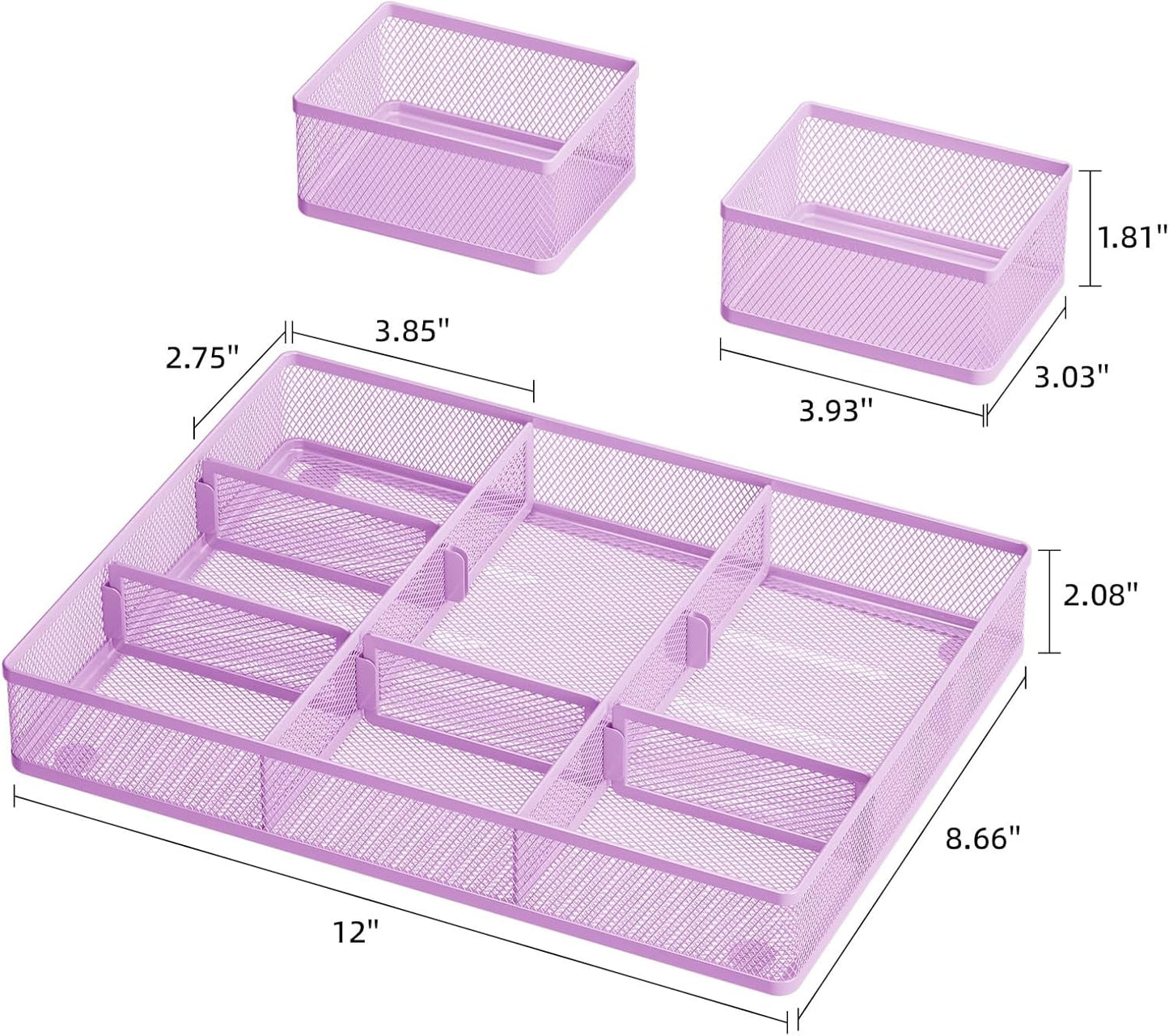 Marbrasse 3 Packs Desk Drawer Organizers, Metal Mesh Dividers with 9 Adjustable Compartments, Pen Organizer for Drawer Tray Box Accessories for Desktop,Kitchen, Makeup(Purple)