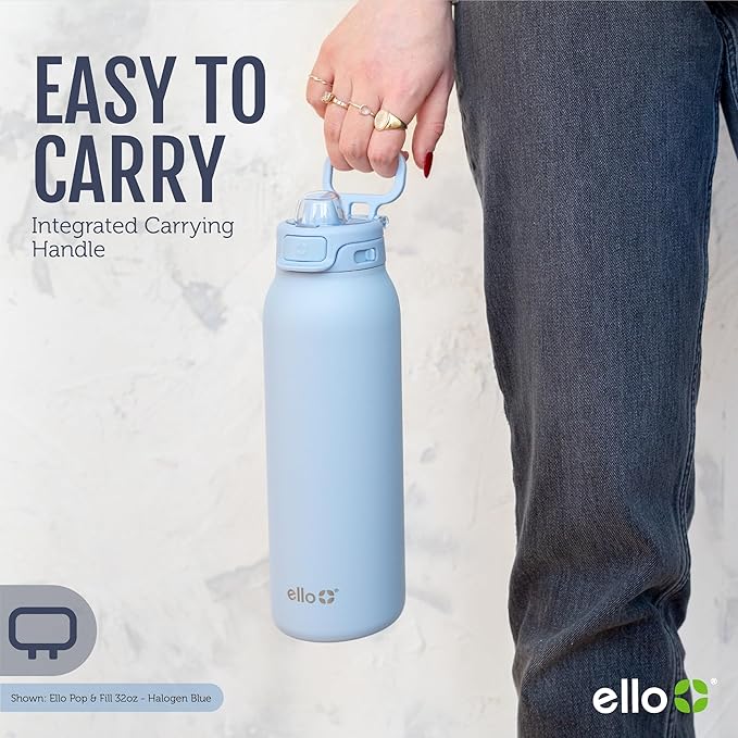 Ello Pop & Fill Stainless Steel Water Bottle with Quick Fill Technology, Double Walled Vacuum Insulated Metal, Leak Proof Locking Lid, Sip & Chug, BPA Free, Holiday Gift for Him Her, 22oz, 32oz, 40oz
