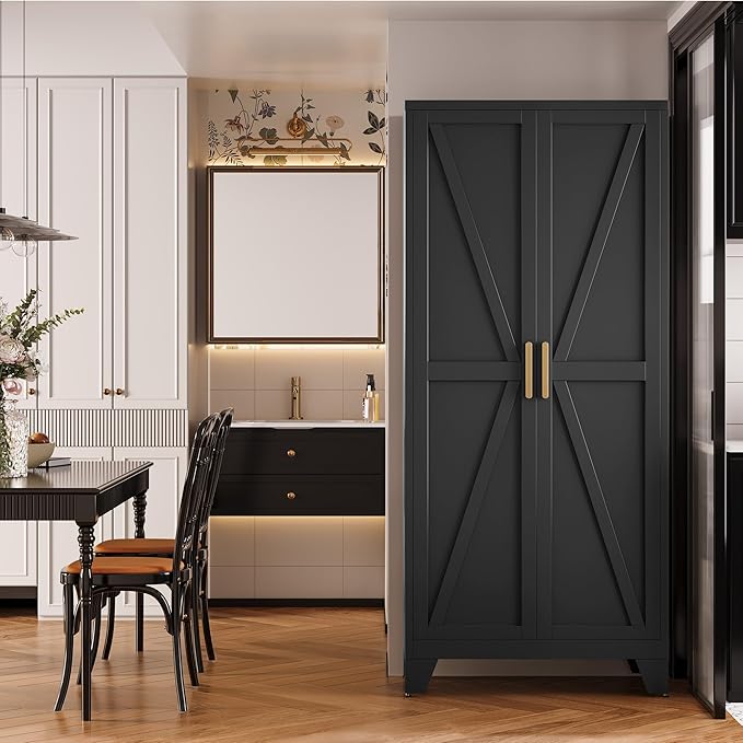 71" Storage Cabinet with Doors and Shelves, Tall Freestanding Pantry Cabinet in Black with 2 Doors & 4 Adjustable Shelves, All-Steel Farmhouse Cupboard for Kitchen, Garage, Laundry Room
