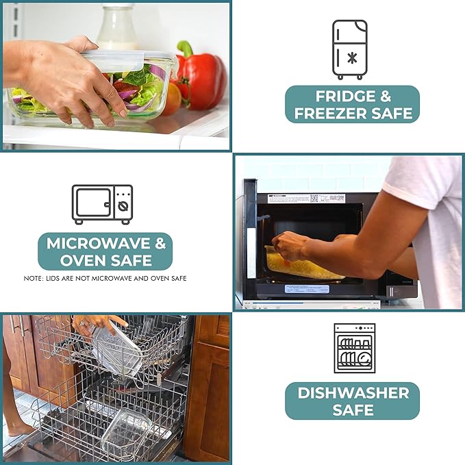 Razab 6.5 Cups / 52 Oz 4 Piece (2 Containers + 2 Lids) Glass Food Storage Containers Set with Airtight Locking Lids - For Storing, Baking & Serving BPA Free, Leakproof - Microwave, Freezer & Oven Safe