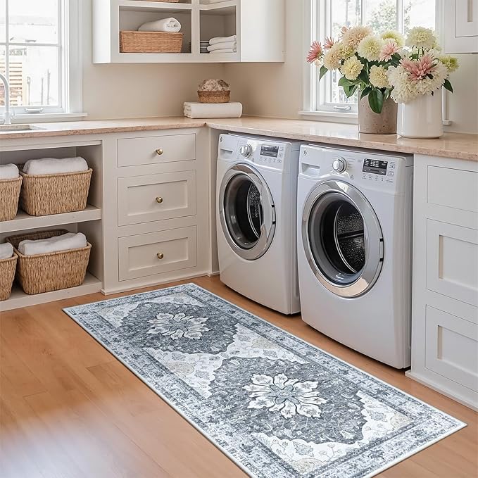 RELEANY Area Rugs 2'x6' Runner Rug Non Slip Washable for Kitchen Hallway Bedroom Beside Laundry Room Bathroom Rug, Floor Carpet, Light Gray Grey White