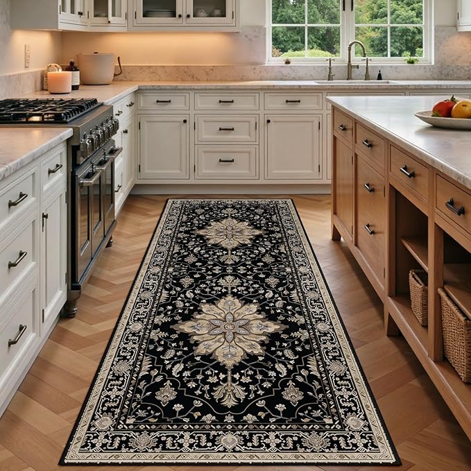 RELEANY Area Rugs 3'x8' Runner Rug Non Slip Washable for Kitchen Hallway Bedroom Beside Laundry Room Bathroom Rug, Floor Carpet, Black Brown Neutral Dark Tan