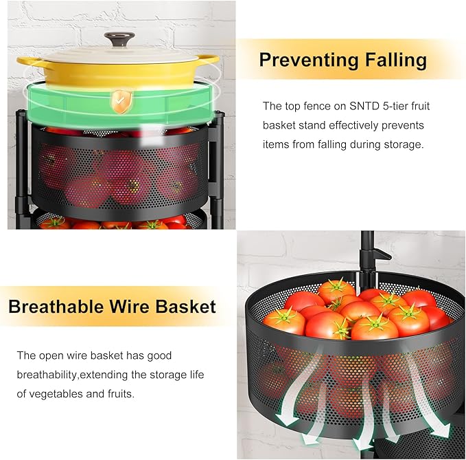 SNTD Fruit and Vegetable Basket Bowls for Kitchen with Metal Top Lid, 5 Tier Rotating Storage Rack Cart for Potato Onion Bread Banana, Wire Basket Organizer on Wheels, Large, Black