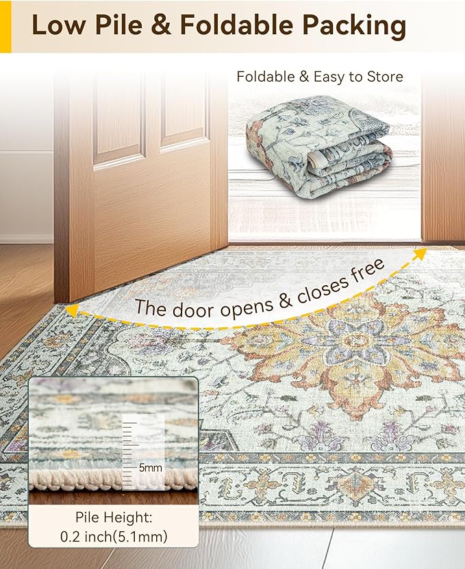 RELEANY Area Rugs 2'6''x12' Runner Rug Non Slip Washable for Kitchen Hallway Bedroom Beside Laundry Room Bathroom Rug, Floor Carpet, Light Yellow Carbon Grey Orange