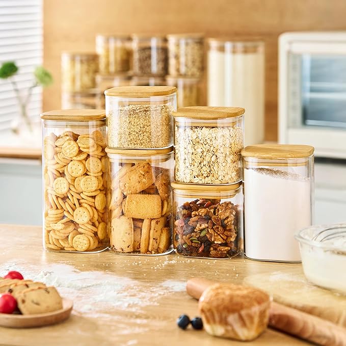 27oz - 4 Pack Square Glass Jars with Bamboo Lids, Glass Food Storage Containers with Airtight Lids for Kitchen, Air Tight Pantry Storage Containers