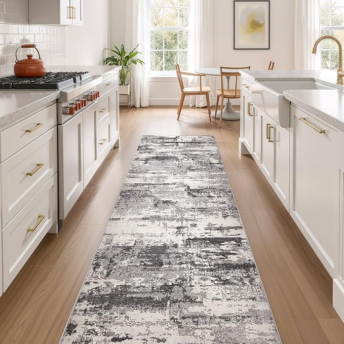 Hallway Washable Runner Rug: 3x8 Abstract Modern Soft Stain Resistant Non-Slip Backing Runner for for Entryway Kitchen Laundry - Black Grey