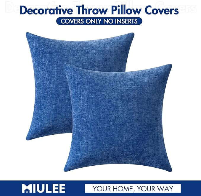 MIULEE Pack of 2 Couch Throw Pillow Covers 18x18 Inch Soft Royal Blue Chenille Pillow Covers for Sofa Living Room Solid Dyed Pillow Cases