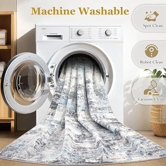 4ft Round Area Rugs for Living Room: 4x4 Abstract Washable Rug Modern Large Soft Stain Resistant Non-Slip Backing Machine Table for Bedroom Dining Room Indoor Home Office Carpet - Blue Grey