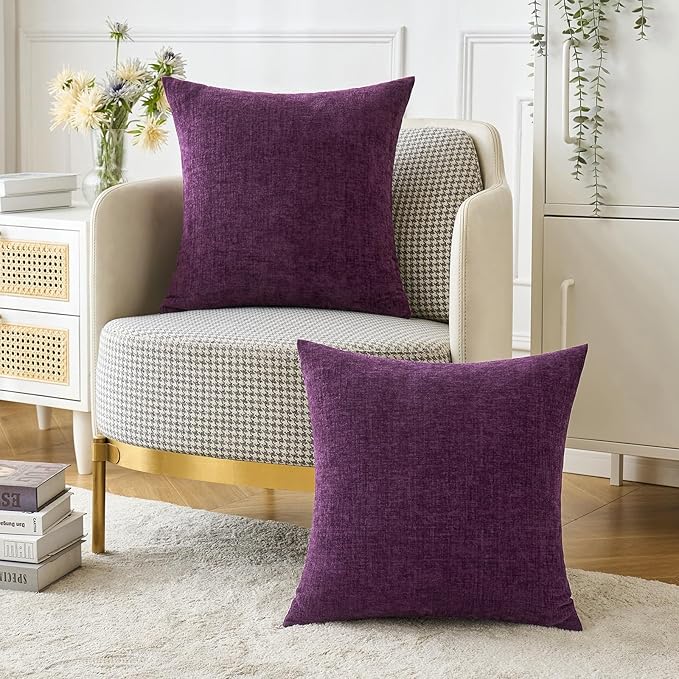 MIULEE Pack of 2 Couch Throw Pillow Covers 18x18 Inch Soft Plum Purple Chenille Pillow Covers for Sofa Living Room Solid Dyed Pillow Cases