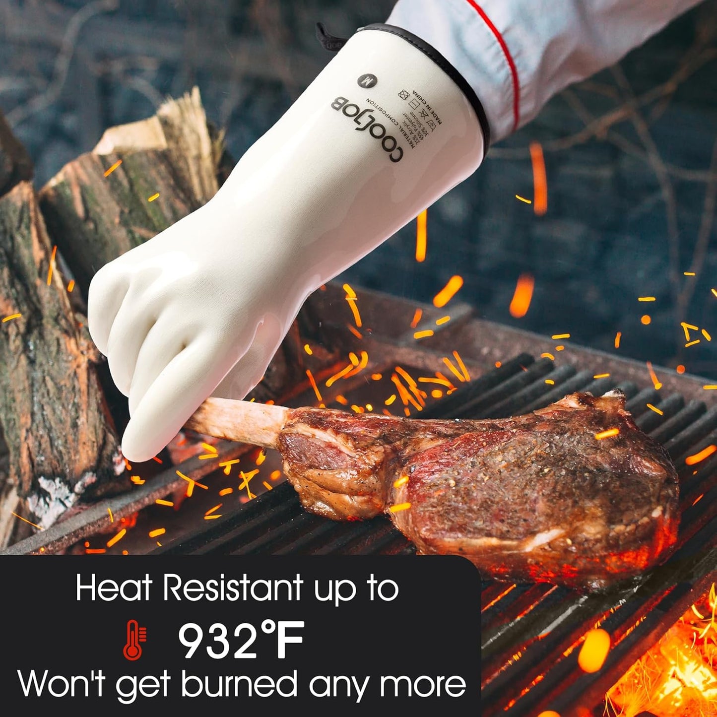 COOLJOB Heat Resistant Oven Gloves, Waterproof Liquid Silicone BBQ Grilling Gloves for Barbecue, Kitchen Cleaning, Baking, Food Contact, White, Large