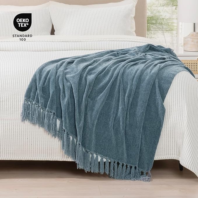 RECYCO Throw Blanket Soft Cozy Chenille Throw Blanket with Fringe Tassel for Couch Sofa Chair Bed Living Room Gift (Dusty Blue, 60'' x 80'')