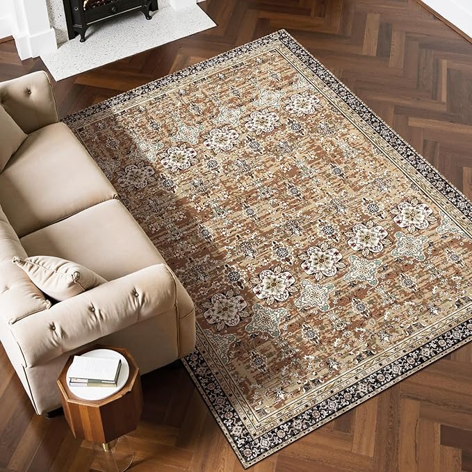 VEVOR 6 x 9 ft Area Rug Large Washable Rug Non-Slip and Tear-Resistant Soft Carpet Pet & Child Friendly Vintage Area Rugs Indoor Mat for Bedroom Living Room Kids Room Entryway Brown Green