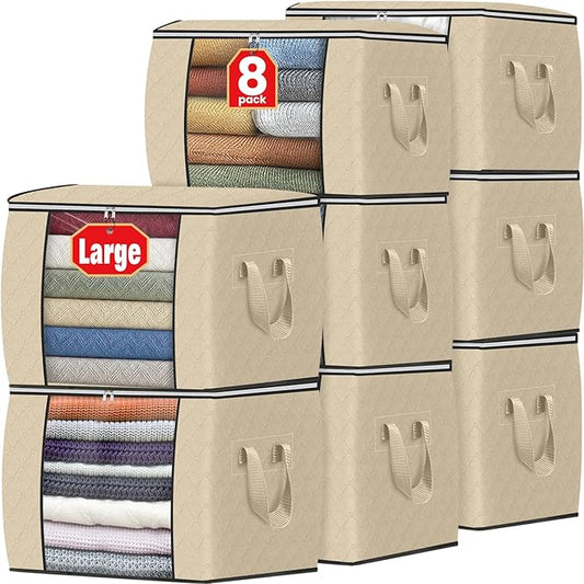Fab totes 24 Gallons Clothes Storage, Foldable Thick Fabric Blanket Storage Bags, Containers for Organizing Bedroom, Closet, Clothing, Comforter, Organization with Handle (8 Pack,Beige)