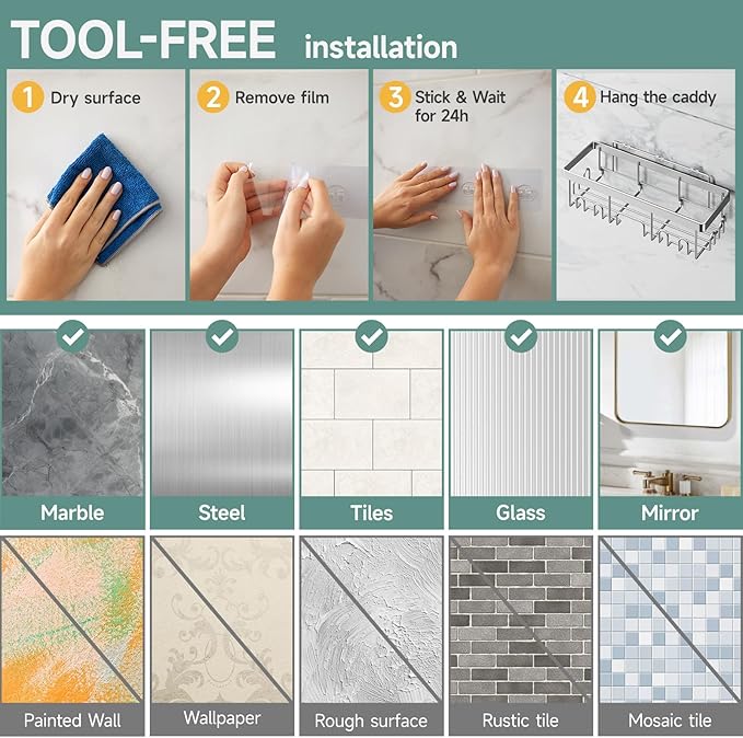 Veken Adhesive Shower Caddy 5-Pack,Heavy Weight Bearing,Large Wall Mounted Shower Shelves Rack,Organizer Storage Accessories with Soap Dish&Toothbrush Holder,Ideal for Bathroom,Home&Kitchen,Silver